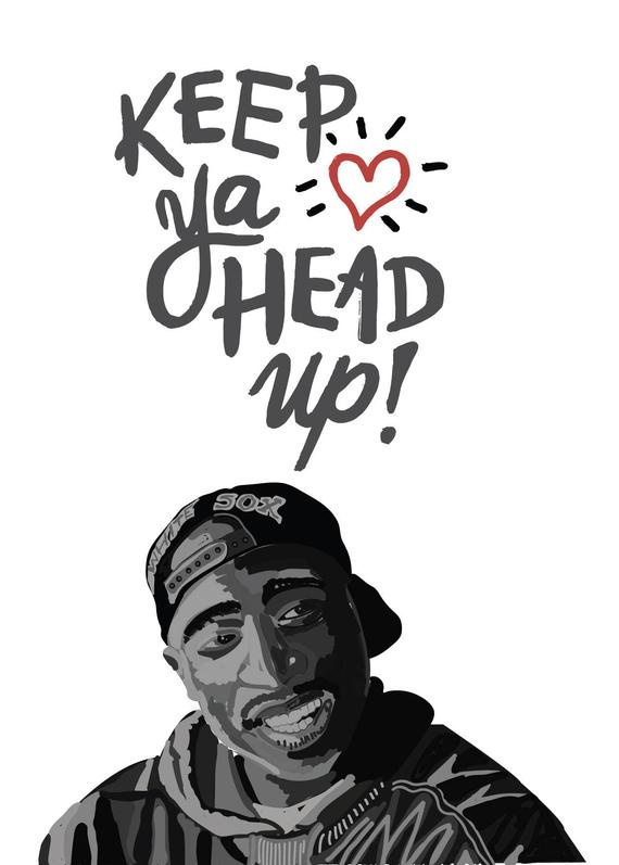 A stylized black-and-white illustration of Tupac Shakur smiling while wearing a backward baseball cap with 'SOX' on it…