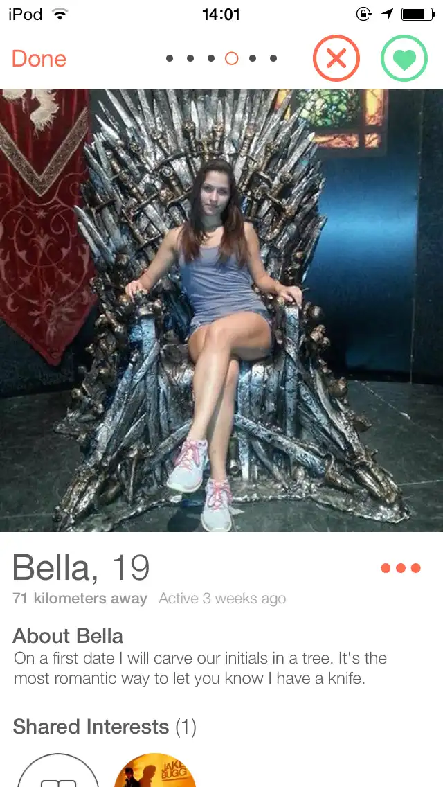 A screenshot of a dating app profile for 'Bella, 19' shows her sitting on the Iron Throne from Game of Thrones, wearing a…