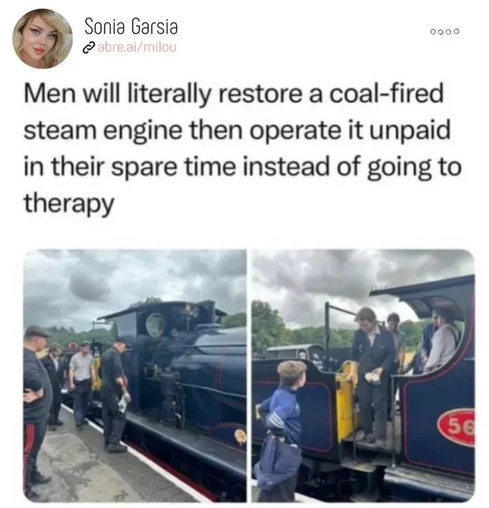 Two photos show men working on and operating a dark blue coal-fired steam engine with the number 56 on its side. In the left…