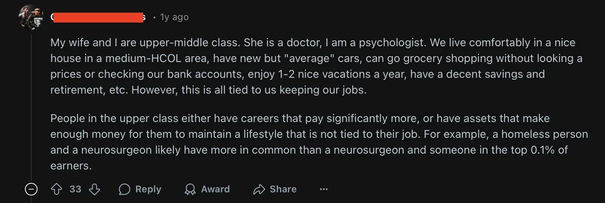 A screenshot of a Reddit comment discussing class distinctions, where the author describes their upper-middle-class…