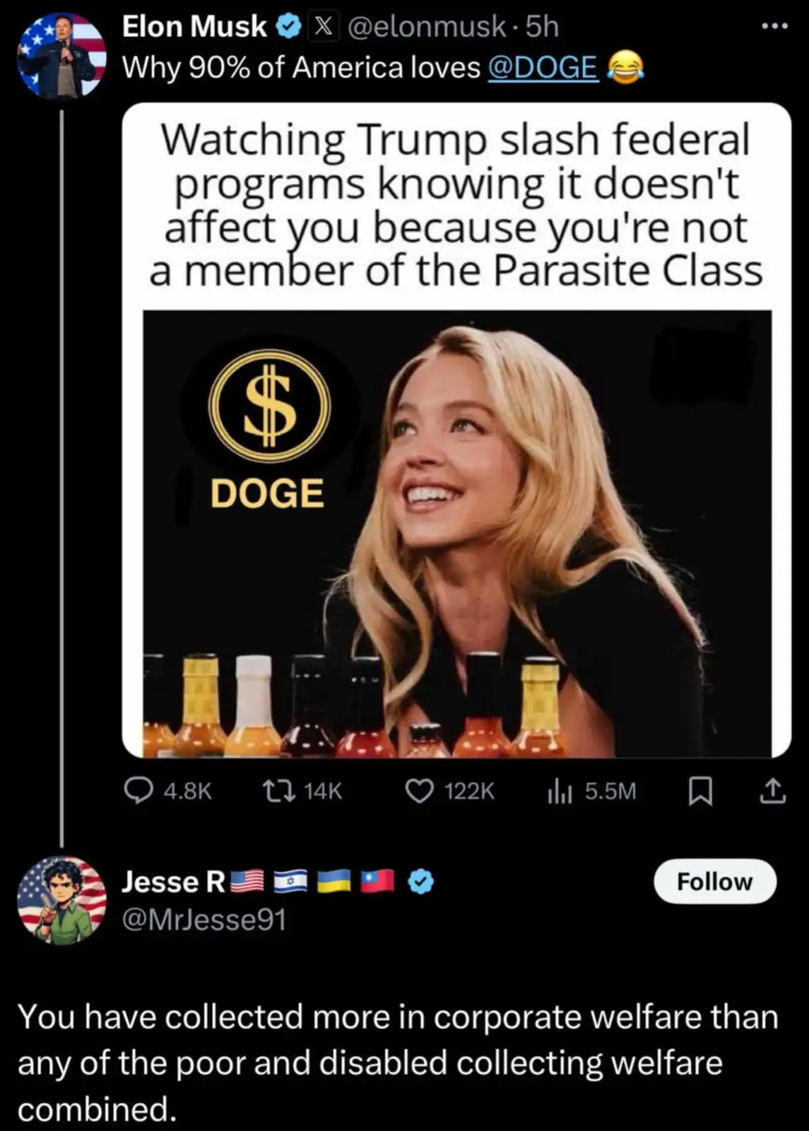 A screenshot of a tweet by Elon Musk reposting a meme. The meme features a photo of a smiling blonde woman with a 'DOGE'…