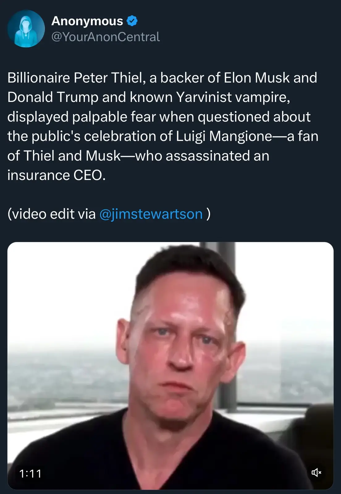 A screenshot of a tweet from 'Anonymous' (@YourAnonCentral) featuring a video clip of Peter Thiel with a visibly anxious and…