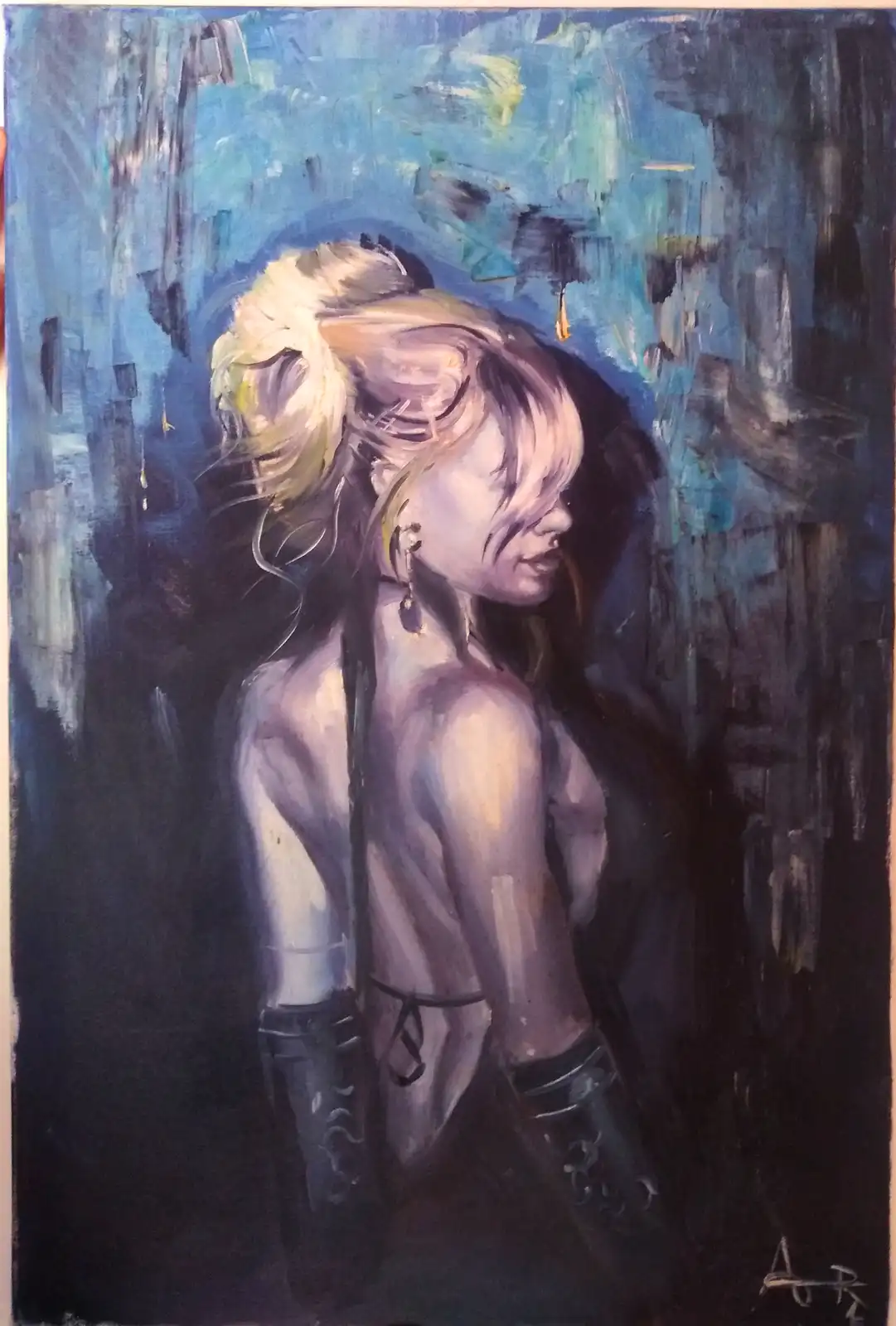 An oil painting depicts a woman with blonde hair in a high bun, seen from behind and slightly to the side, wearing dark…