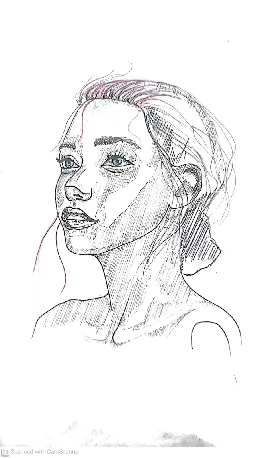 A black-and-white line drawing of a woman's face and upper shoulders, rendered with sketchy shading and some pink highlights…