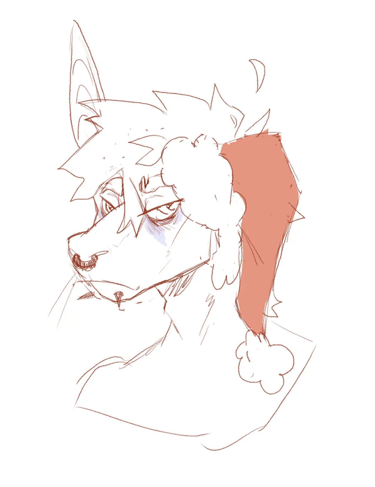 A sketch of an anthropomorphic wolf with a smug expression, one eye half-closed and the other looking away, while a large…