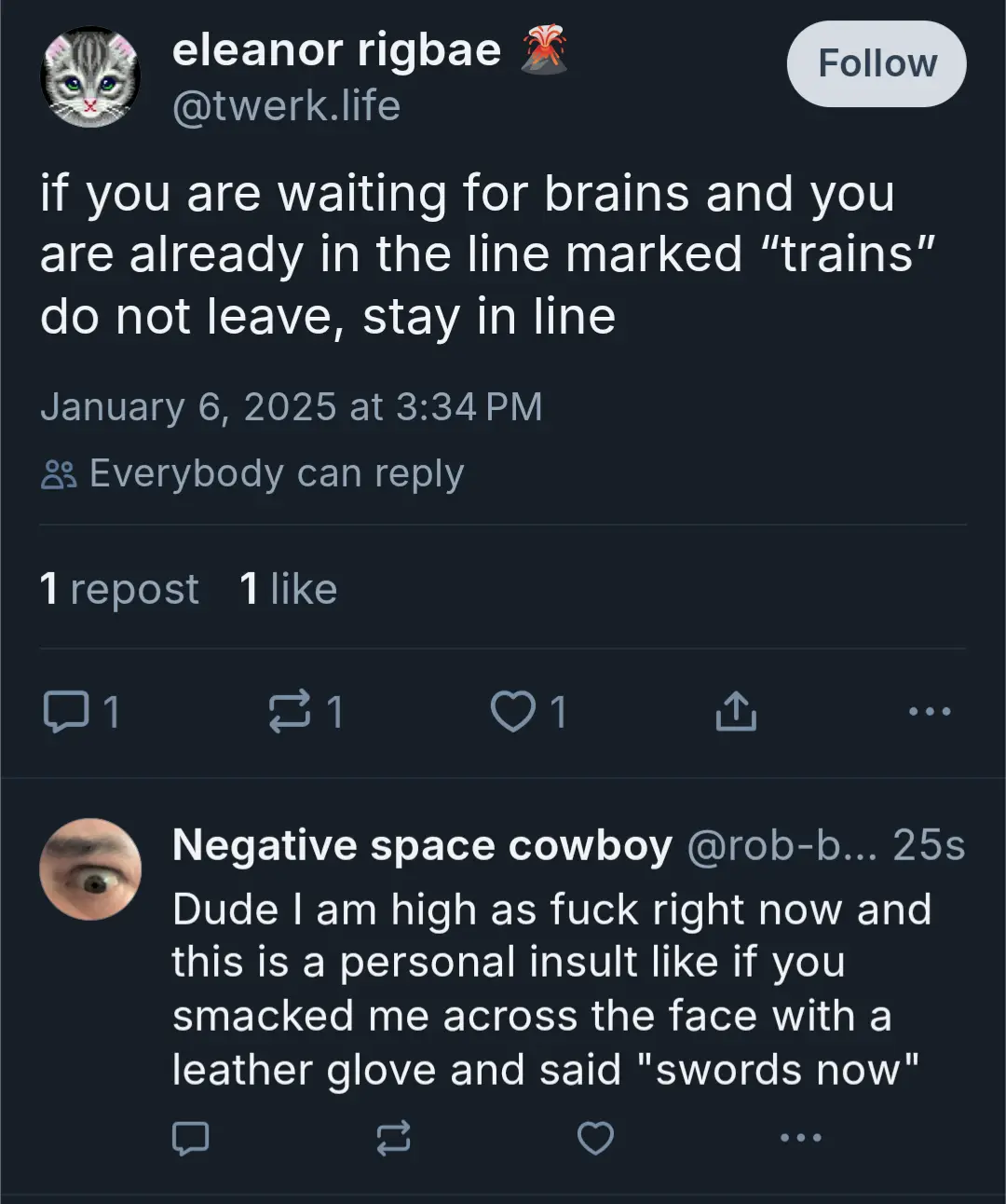 A screenshot of a Twitter/X post by user 'eleanor rigbae' with a dark theme, showing a tweet that reads 'if you are waiting…