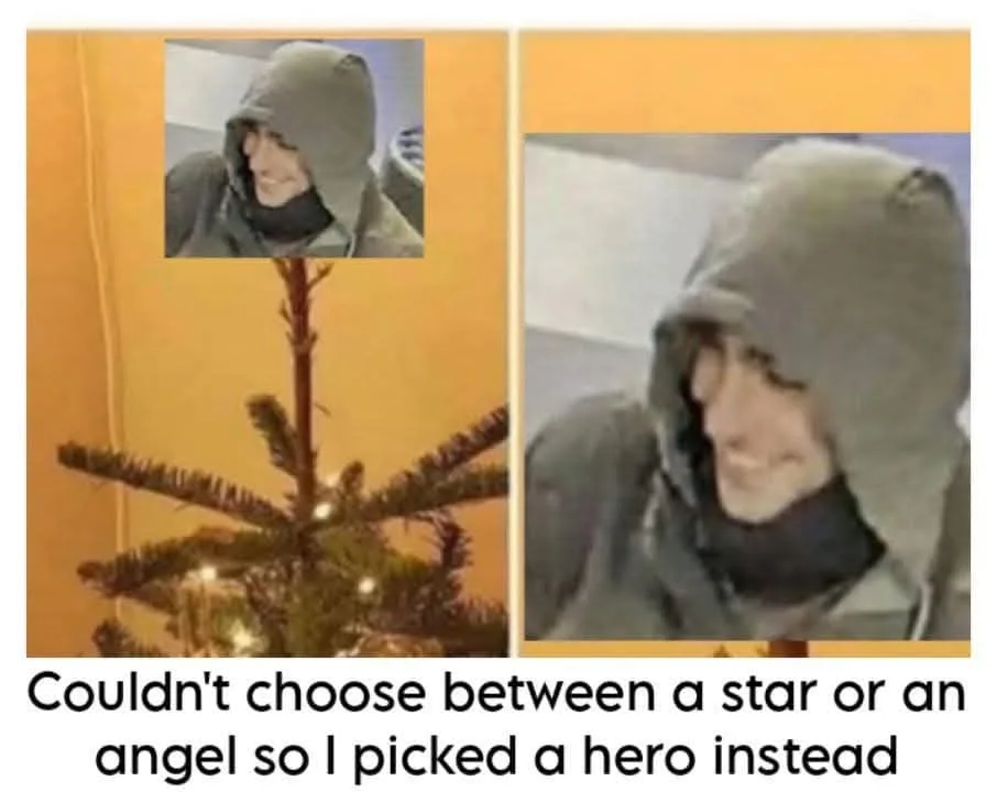 The image is a split-panel meme. The left panel shows a bare Christmas tree with lights, and the right panel shows a person…