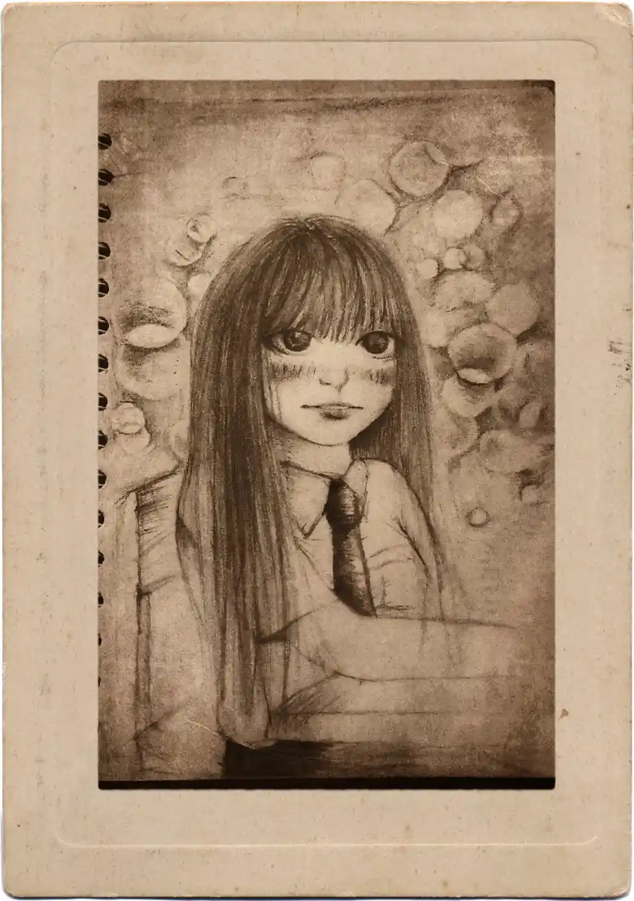 A sepia-toned pencil sketch of a young girl with long hair and bangs, wearing a collared shirt and tie, sitting with her…