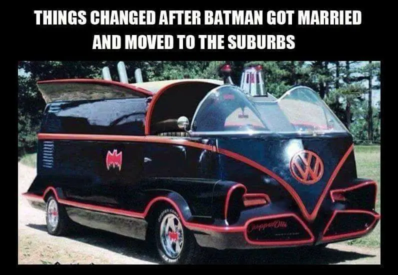A black and red vehicle resembling a batmobile but with a Volkswagen Beetle front grille and 'Juppel Otto' script on the…