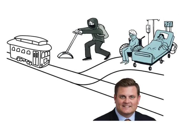 A cartoon depicts a trolley problem: a masked person with a broom pushes a trolley away from two people—one in a wheelchair…