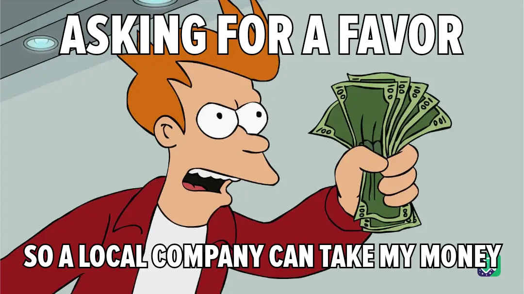 A cartoon man with orange hair and a red jacket holds a fanned-out stack of $100 bills while looking pleadingly at the…