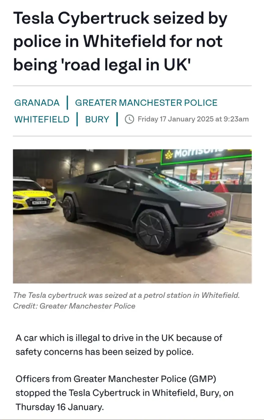 A news article screenshot shows a black Tesla Cybertruck parked at a petrol station at night, with a yellow Audi in the…