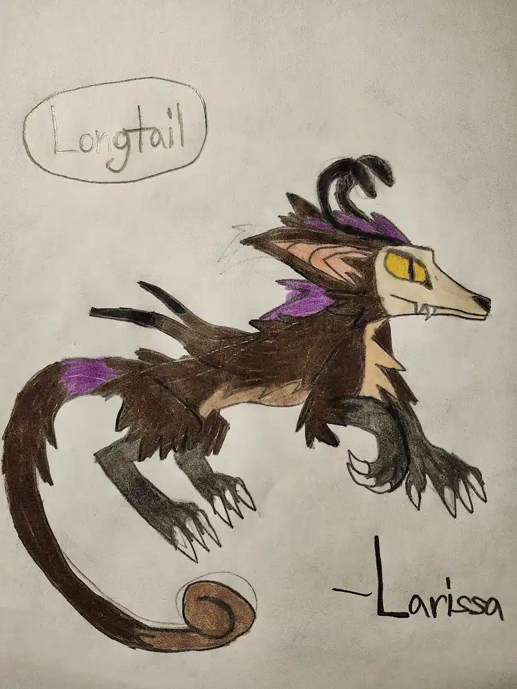 A hand-drawn, colored sketch of a fantasy creature resembling a feline dragon with brown fur, purple accents, yellow eyes…