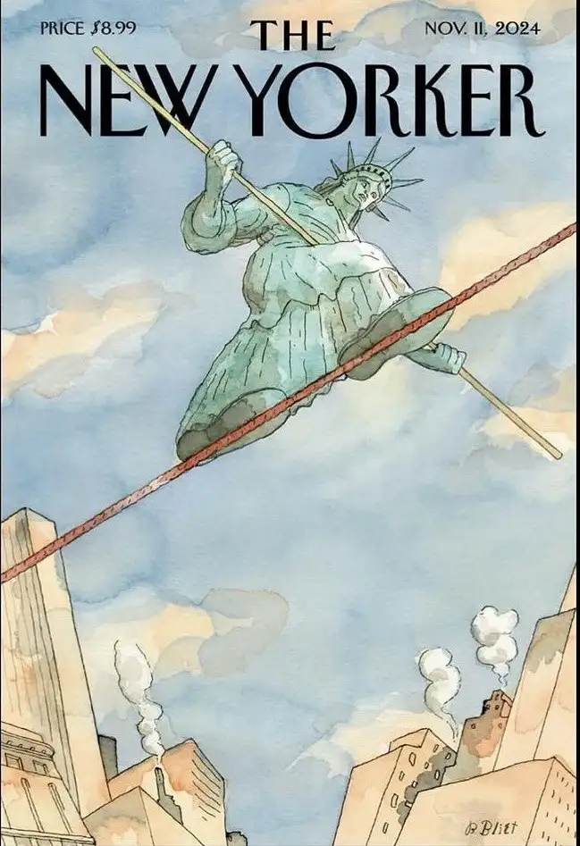 a watercolor illustration of the statue of liberty balancing on a tightrope high above a cityscape, holding her torch and…