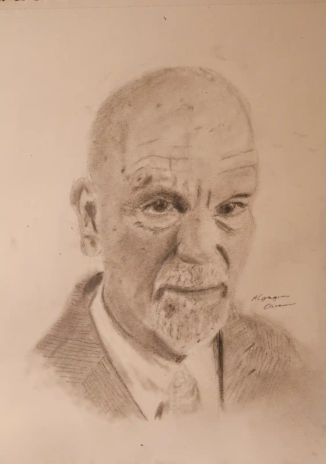A sepia-toned pencil sketch of an elderly man with a bald head, deep wrinkles, and a goatee, wearing a collared shirt and…