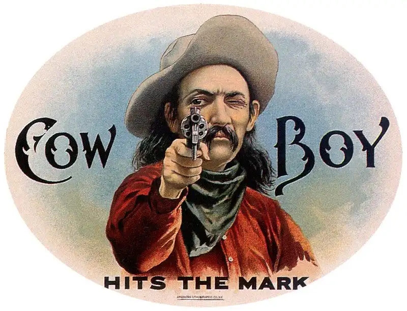 An old-fashioned lithograph-style poster shows a stern-looking cowboy with a mustache, wearing a wide-brimmed hat and red…