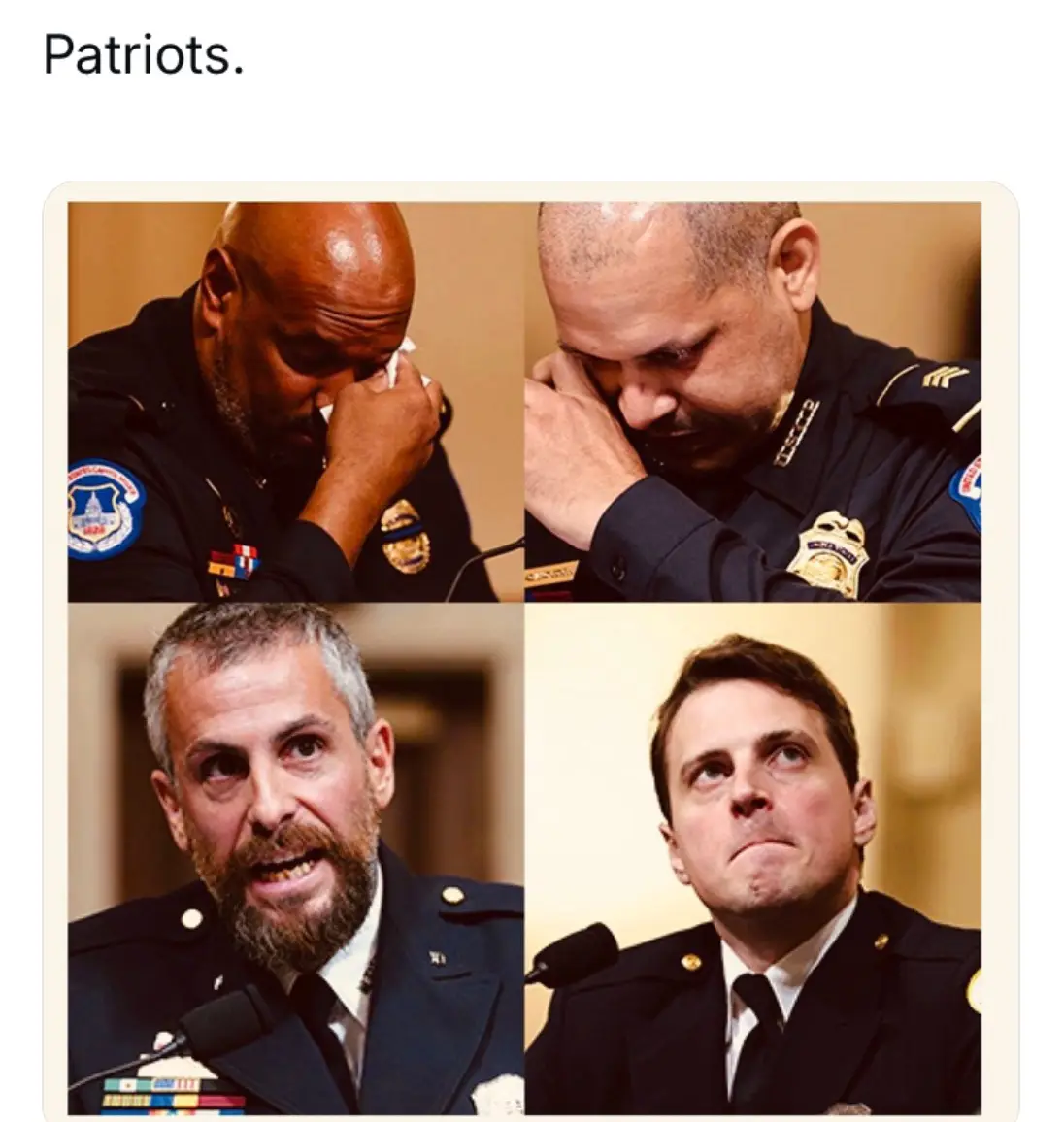 A four-panel image shows two police officers visibly emotional, one wiping tears and the other holding his head, contrasted…