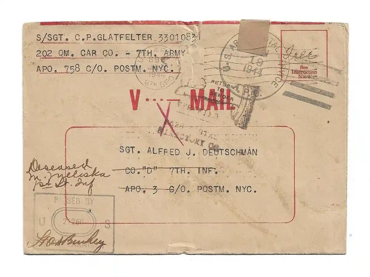 A vintage World War II-era U.S. military V-Mail envelope, showing sender S/Sgt. C.P. Glatfelter and recipient Sgt. Alfred J…