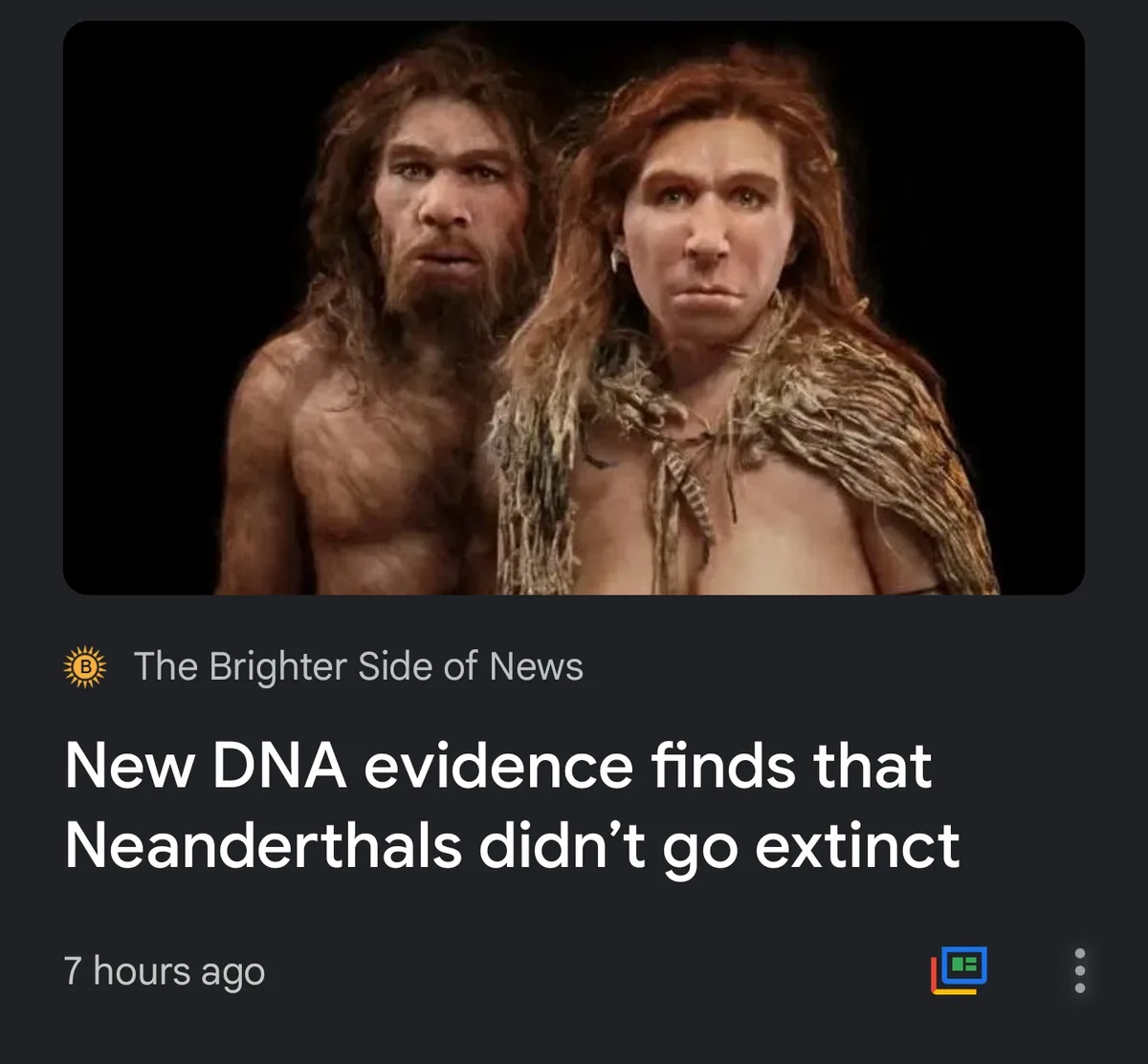 The image shows two reconstructed Neanderthal figures, a man and a woman, standing side by side against a dark background…