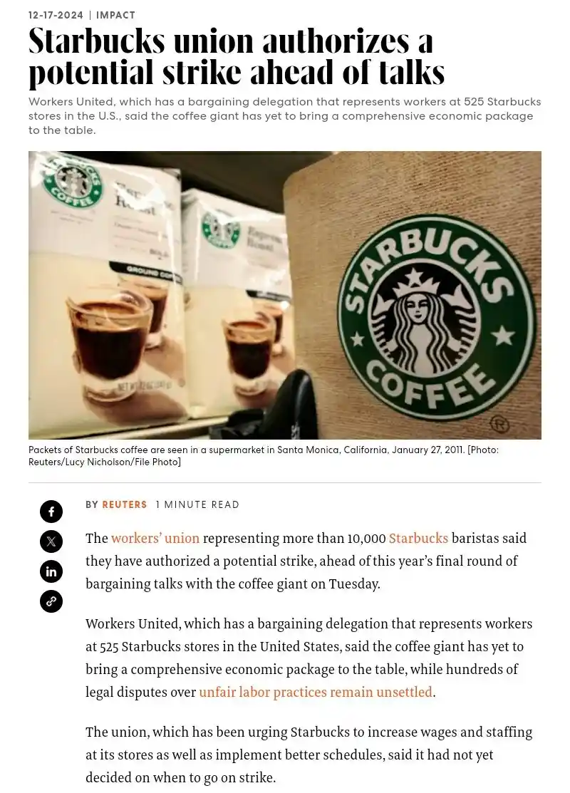 A screenshot of a Reuters news article from December 17, 2024, with the headline 'Starbucks union authorizes a potential…