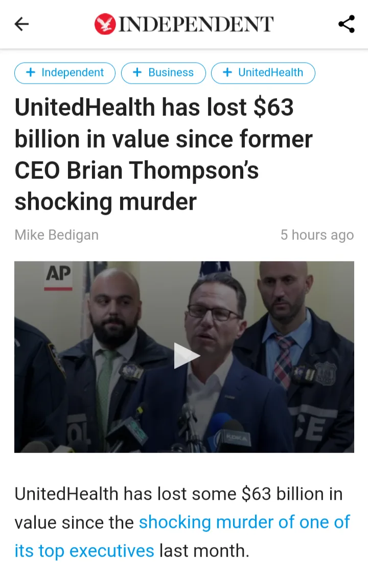 A screenshot of a news article from The Independent with the headline 'UnitedHealth has lost $63 billion in value since…