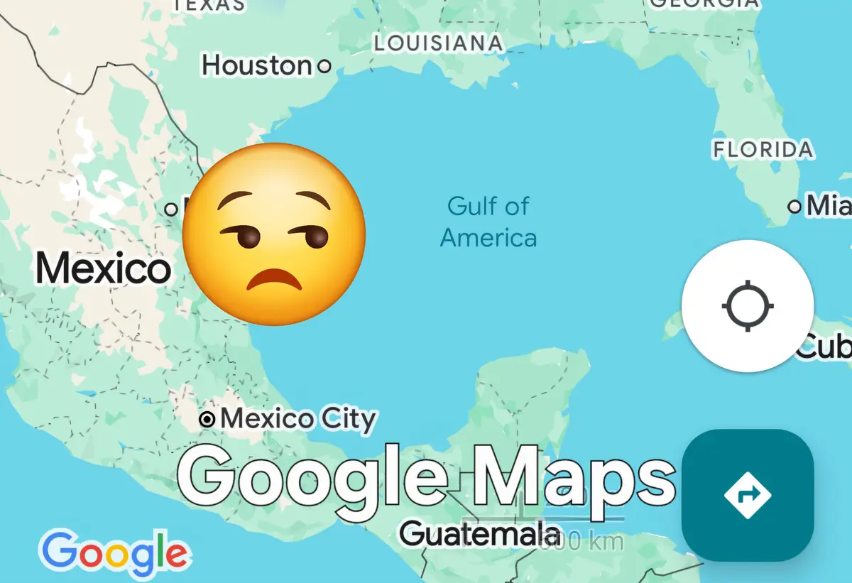 A Google Maps screenshot showing the Gulf of America between Mexico and Florida, with a sad face emoji overlaid on the map…