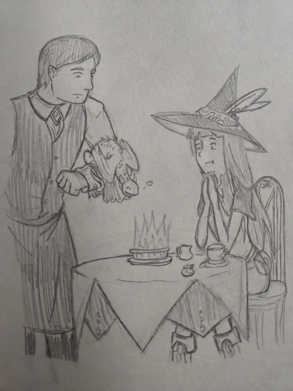 A pencil sketch shows a man in a vest holding a small dragon plushie while standing beside a seated witch in a pointed hat…