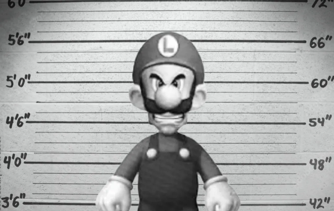 A black-and-white mugshot-style photo shows Luigi, the video game character, standing in front of a height chart with his…