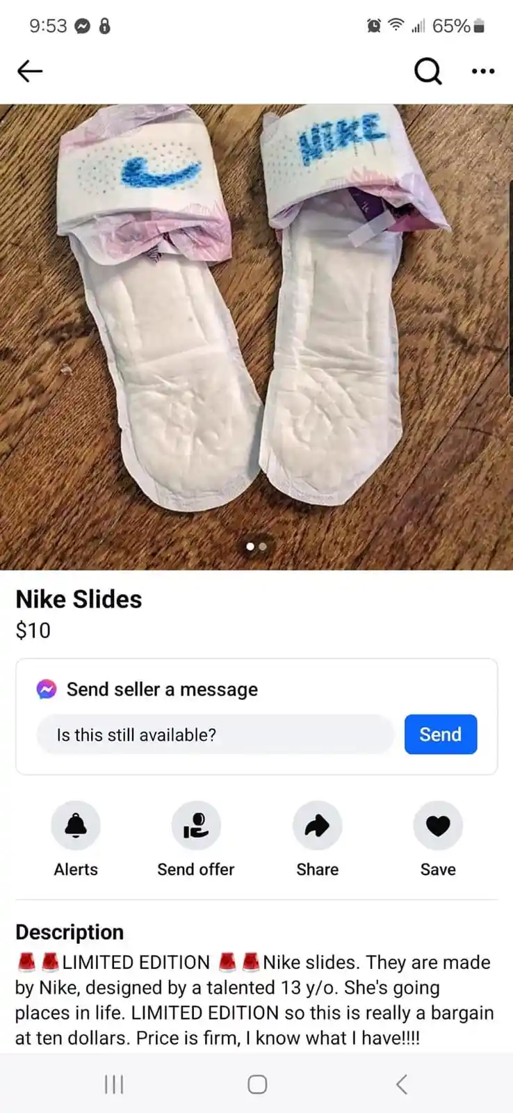 Two sanitary pads are laid out on a wooden surface, each with a blue Nike swoosh and 'NIKE' text drawn on the top. Below the…