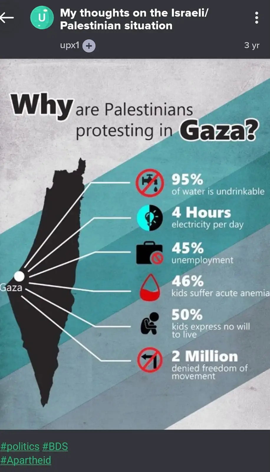 An infographic titled 'Why are Palestinians protesting in Gaza?' lists grim statistics including 95% undrinkable water, 4…