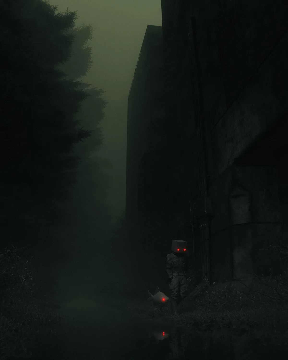 In a dark, foggy alley beside a tall building, a humanoid figure with a box head and glowing red eyes stands next to a fish…