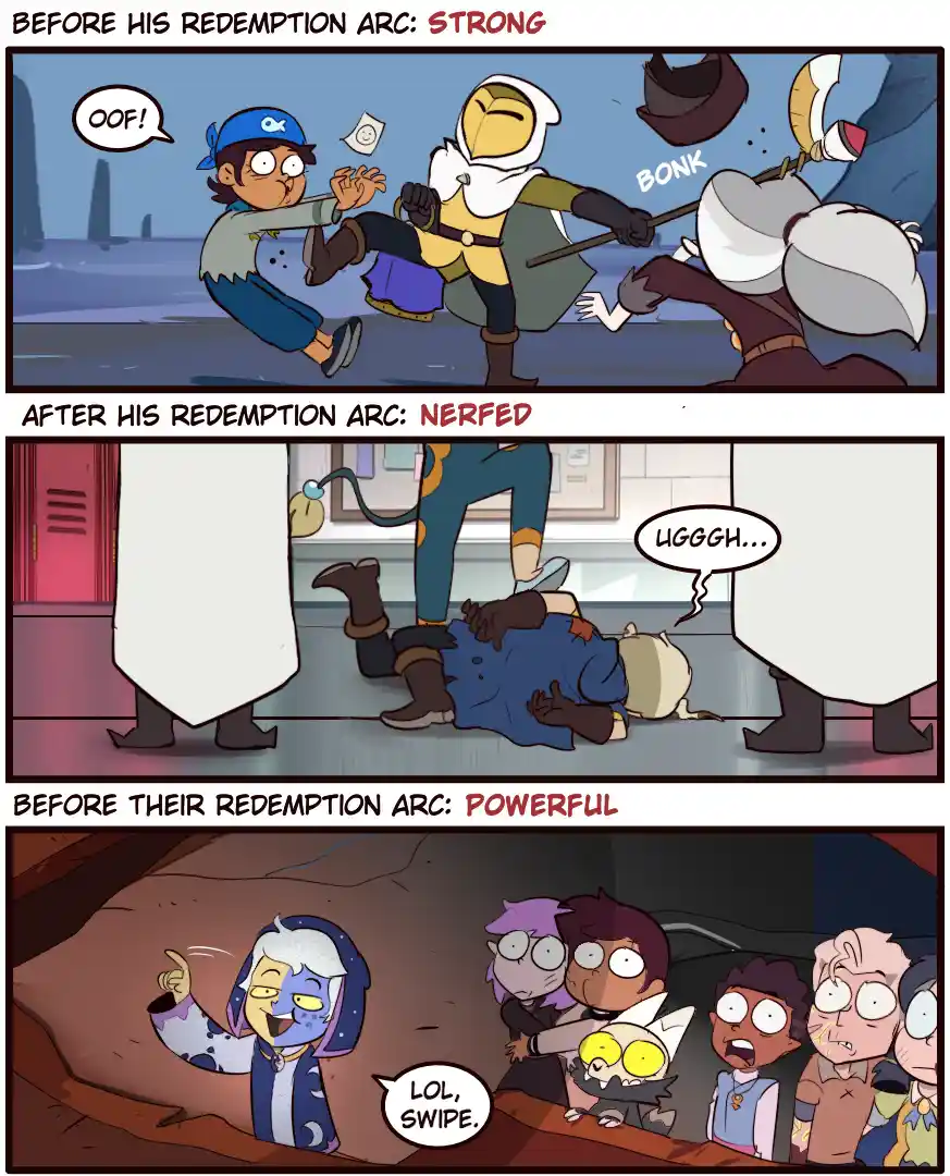 A three-panel comic strip from 'Star vs. the Forces of Evil' showing a character's power change. Top panel: A boy is kicked…