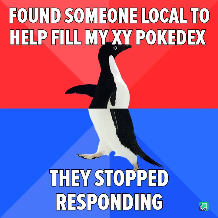 A penguin stands centered against a red and blue background, with bold white text at the top reading 'FOUND SOMEONE LOCAL TO…