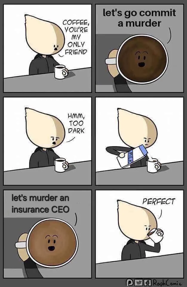 A six-panel comic strip shows a person with a teardrop-shaped head sitting at a table with a coffee mug. The coffee mug has…