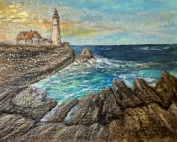A textured painting depicts a lighthouse and adjacent buildings perched on a rocky cliff overlooking a turbulent ocean with…