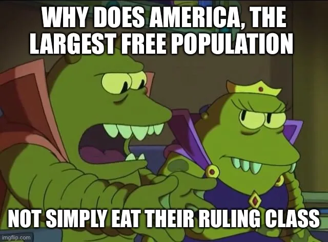 Two green cartoon reptilian characters, one with a crown and the other with a cape, are shown in a tense scene. The…