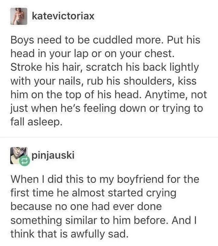 A screenshot of a social media conversation where one user advises cuddling boys with specific gestures, and another user…