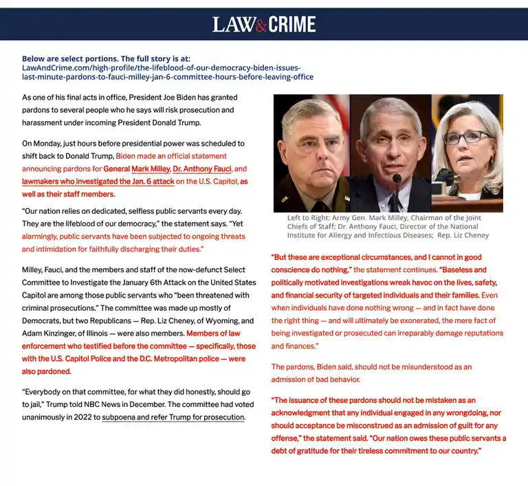 A Law & Crime article screenshot showing three photos of public figures: Army Gen. Mark Milley, Dr. Anthony Fauci, and Rep…