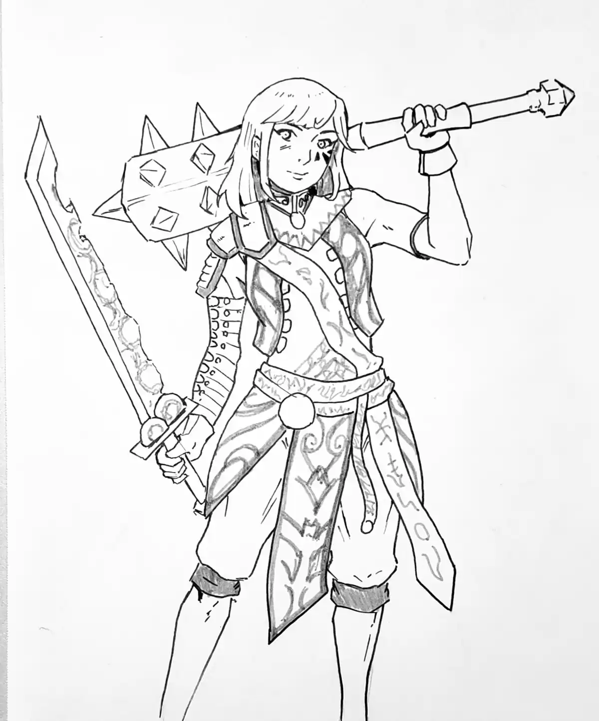 A black-and-white line drawing of a female anime-style warrior with shoulder-length hair, holding a large spiked hammer over…