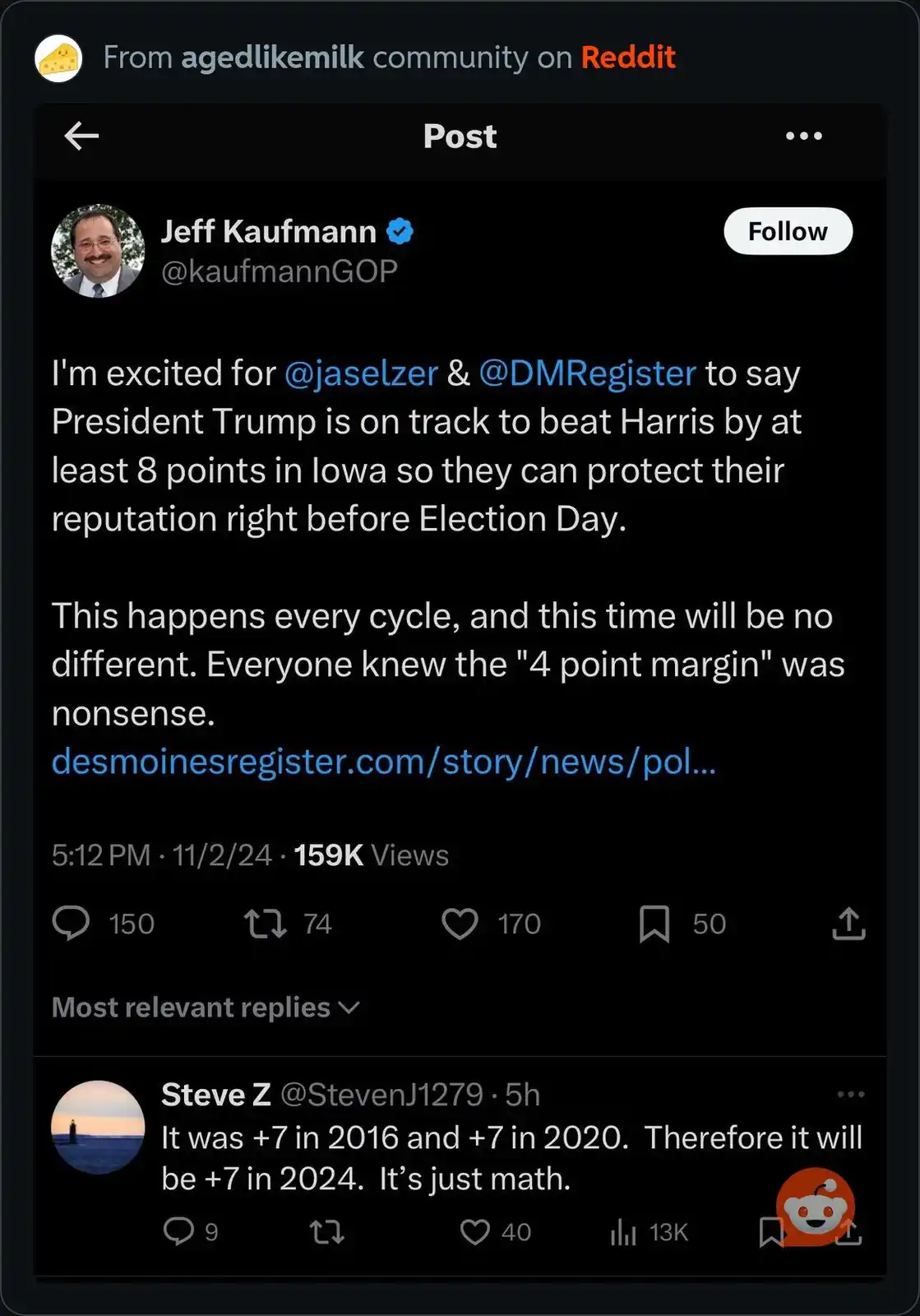A screenshot of a Reddit post from user Jeff Kaufmann, who sarcastically claims media outlets are excited to report a large…