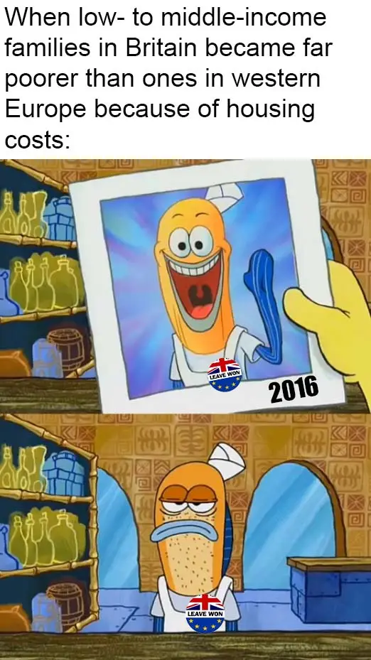 The meme features two panels of the animated character SpongeBob SquarePants. In the top panel, SpongeBob is smiling broadly…