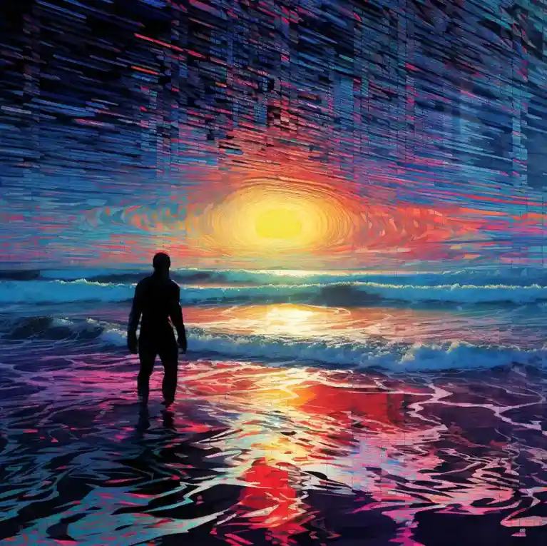 A silhouette of a person stands in shallow ocean water facing a surreal, glitch-art style sunset with swirling red, blue…