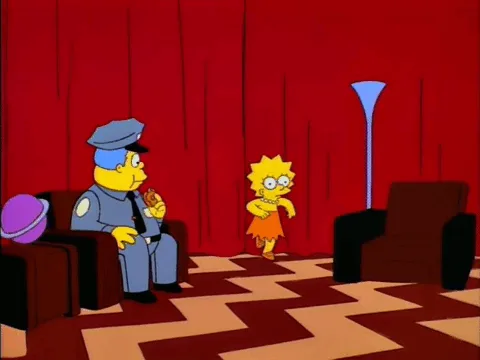 A three-panel comic strip from The Simpsons shows Lisa Simpson confronting Chief Wiggum, who is seated and eating a donut…