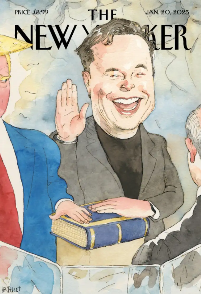 A watercolor-style illustration mimicking The New Yorker magazine cover, dated January 20, 2025, priced at $8.99. It depicts…