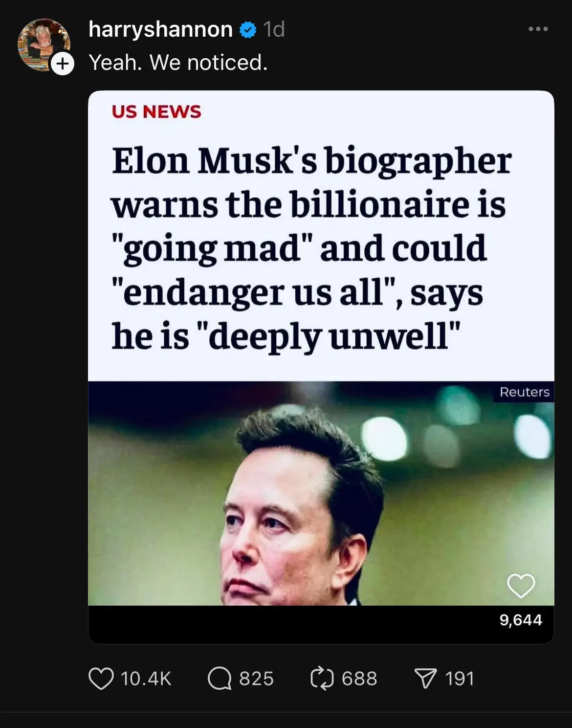 A screenshot of a social media post showing a news headline from US News stating Elon Musk's biographer warns he is 'going…
