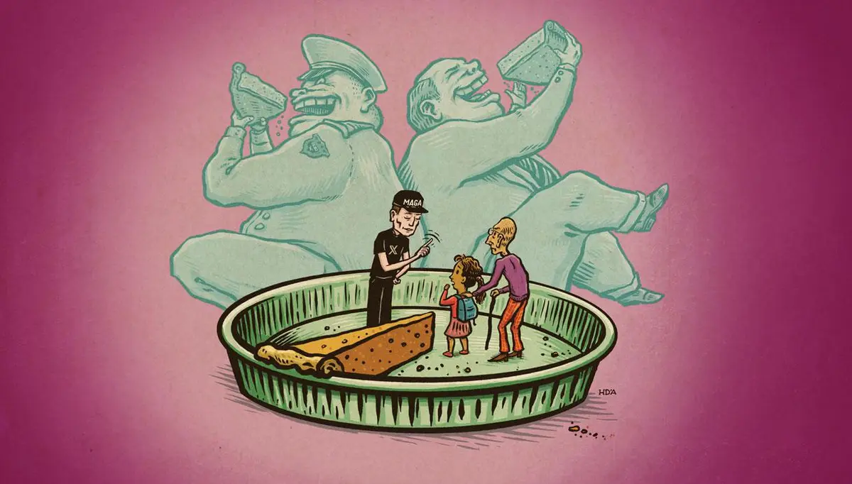 A cartoon depicts a man wearing a 'MAGA' hat pointing at a small child and an elderly man standing in a shallow, dirty…