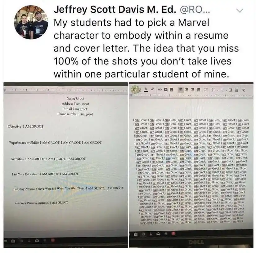 Two screenshots of a student's resume and cover letter for the Marvel character Groot. The resume has 'I AM GROOT' repeated…