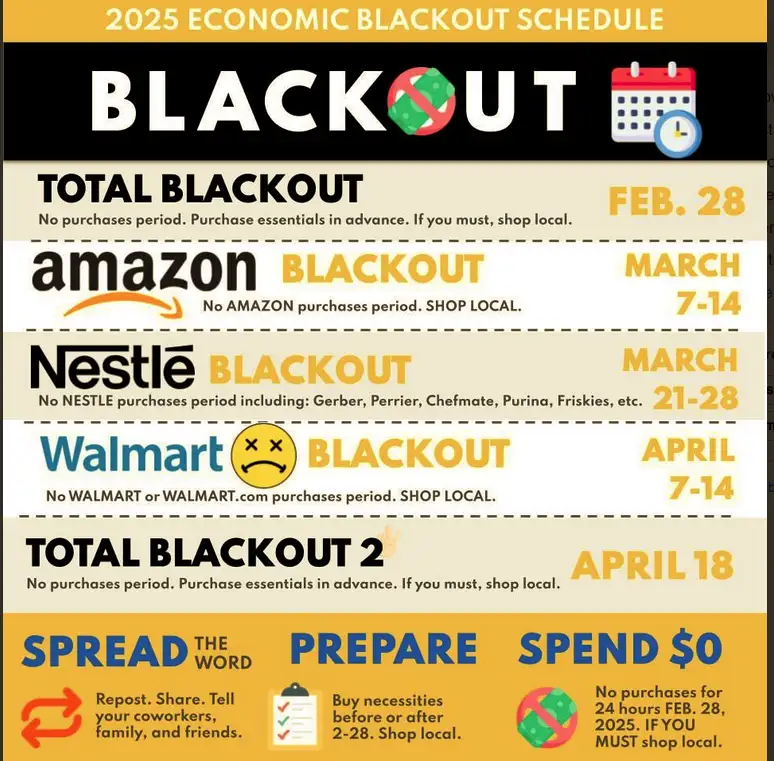 A satirical '2025 Economic Blackout Schedule' poster lists fictional blackout periods for major retailers like Amazon…