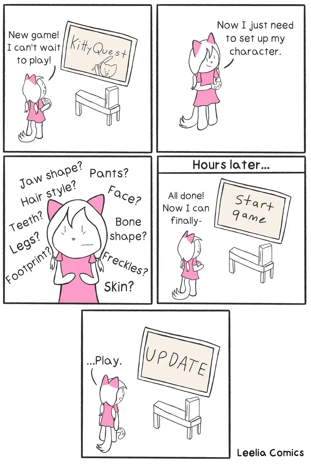 A five-panel comic strip shows a catgirl excitedly starting a new game called 'KittyQuest'. She eagerly begins character…