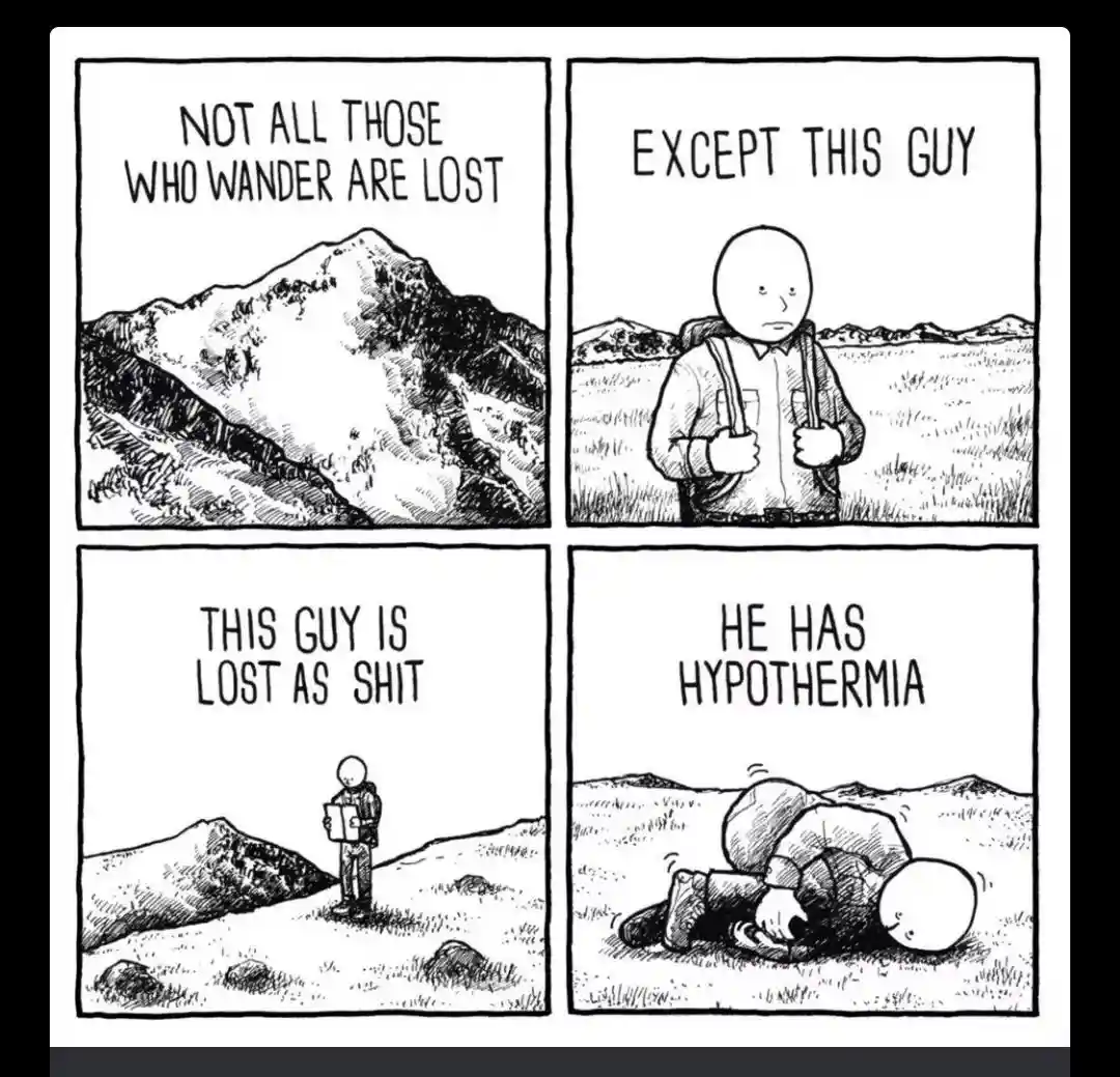 A four-panel black-and-white comic strip shows a hiker in a mountainous landscape. The first panel shows a mountain with…